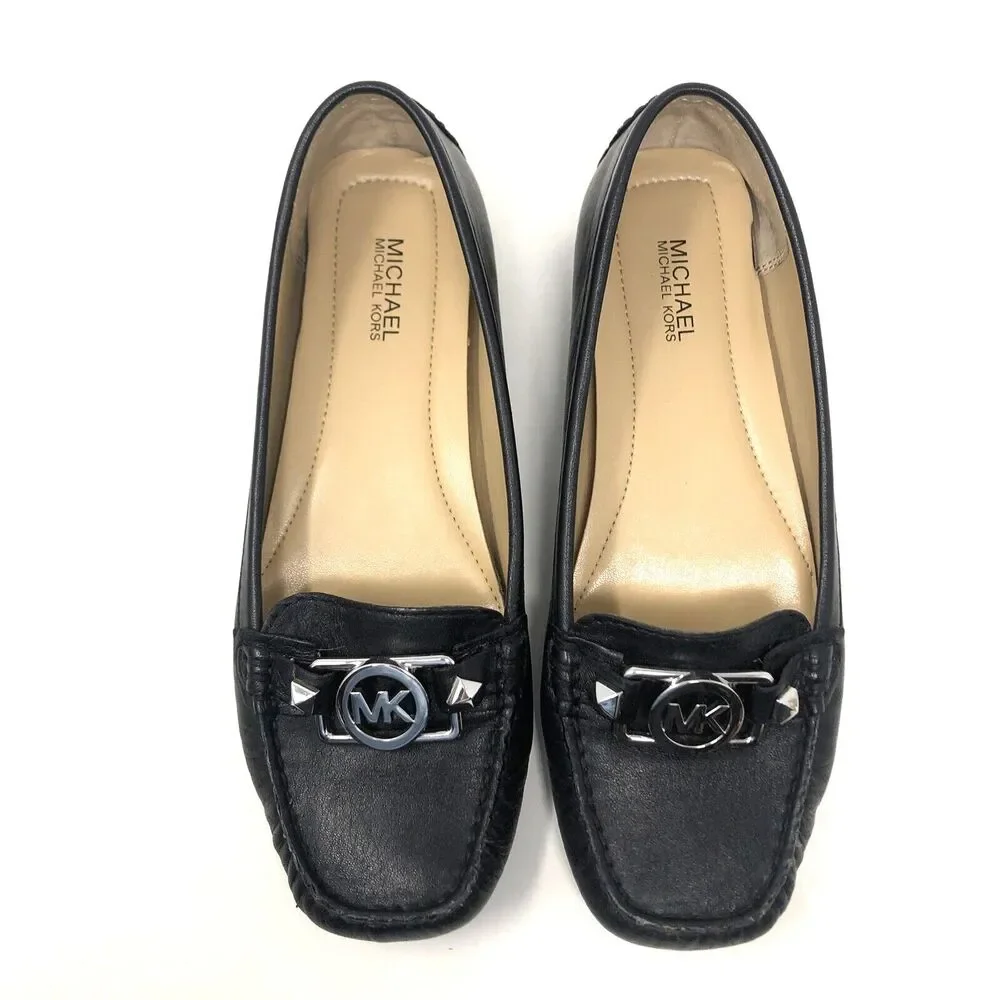 Michael Kors Lillian Loafer Womens Size 6 Black Leather Signature Silver MK Moc